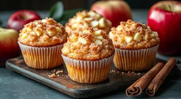Cinnamon-spiced apple muffins. Delicious apple muffins topped with crumbly cinnamon streusel, surrounded by fresh apples and cinnamon sticks on a rustic wooden tray. photo