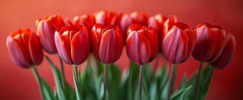 vibrante rojo tulipanes arreglado en un calentar ajuste. un ramo de flores de brillante rojo tulipanes soportes esmeradamente en contra un calentar fondo, exhibiendo su natural belleza y vibrante colores. foto