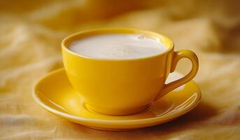 Warm yellow cup of milk on a soft cloth background. A bright yellow cup filled with milk rests on a matching saucer, placed atop a soft, textured cloth in warm tones. photo