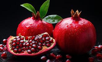 Fresh pomegranates on black backdrop. Two bright pomegranates with glistening water droplets are displayed, alongside an open fruit revealing juicy seeds, all set against black. photo