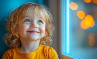 Curly-haired child smiling by the window. A young child with curly hair beams joyfully while gazing out a window, illuminated by warm, glowing lights in a cozy atmosphere. photo