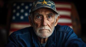 Elderly man in camo hat by flag. An elderly man with a serious expression gazes forward, wearing a camouflage hat, while sitting in front of an American flag backdrop. photo