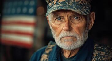 Veteran proudly before American flag. A seasoned veteran gazes intently while standing before the American flag, reflecting on years of service and commitment. photo