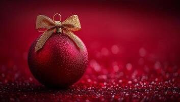 Red ornament with gold bow on festive background. A vibrant red Christmas ornament adorned with a gold bow rests on a sparkling red surface, capturing holiday spirit and joy. photo