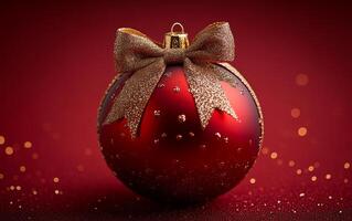 Sparkling red Christmas ornament with gold bow. A vibrant red Christmas ornament adorned with a golden bow, set against a rich red background, creating a festive atmosphere. photo