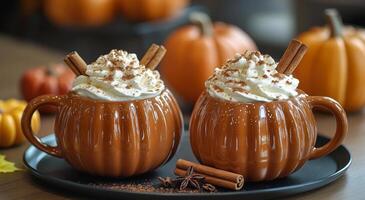 Cozy pumpkin spice lattes with cinnamon. Warm pumpkin spice lattes topped with whipped cream and cinnamon sticks sit on a table surrounded by decorative pumpkins. photo