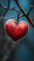 A red heart shaped ornament hanging on a branch. A red heart ornament is suspended from a branch, glistening with raindrops against a blurred blue background. photo