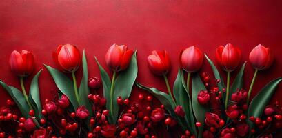 Red tulips and berries on a bold backdrop. A row of lush red tulips is beautifully arranged with deep red berries on a striking red surface, creating a stunning floral display. photo