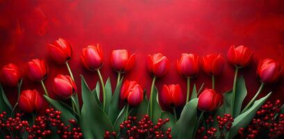 Red tulips and berries on crimson background. Bright red tulips with green leaves and berries flourish against a striking crimson background, creating a stunning visual display. photo