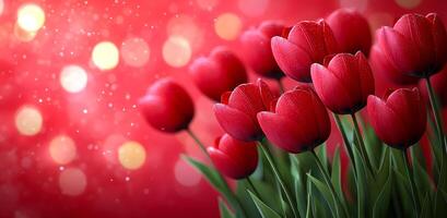 Red tulips bloom on a festive backdrop. Vibrant red tulips stand out against a sparkling, festive background, creating a cheerful atmosphere perfect for celebrations. photo