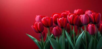 Red tulips on a vivid red background. A bouquet of striking red tulips stands elegantly against a vivid red background, showcasing their natural beauty and charm. photo