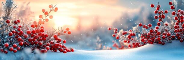 Snowy sunset with red berries. Bright red berries contrast with fresh snow in a serene winter sunset, surrounded by delicate frost on trees and a soft glow in the sky. photo