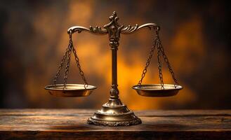 Balanced antique scales placed on a wooden table. Antique scales elegantly display balance on a rustic table, illuminated by a warm, glowing background, suggesting justice and fairness. photo
