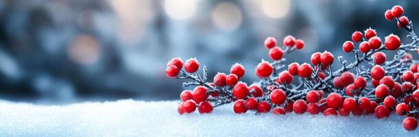 Close-up of frosty red berries on fresh snow. Frost-covered red berries rest on a blanket of fresh snow in a winter landscape, creating a serene and beautiful scene. photo