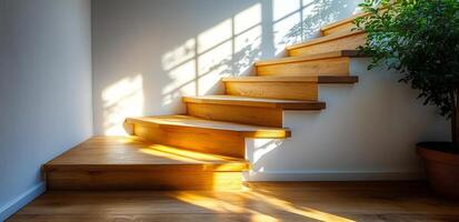Sunlight shines on staircase by a plant. Sunlight casts beautiful shadows on a wooden staircase next to a thriving plant, creating a cozy and inviting atmosphere indoors. photo