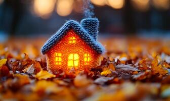 Cozy house amid autumn leaves at sunset. A small knitted house glows warmly amid colorful autumn leaves during a stunning sunset, creating a tranquil fall atmosphere. photo