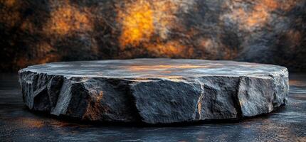 Warm light on a textured stone platform. A round stone platform with a rough texture sits on a dark surface, illuminated by warm, glowing light in the background. photo