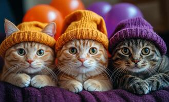 Three playful cats in knit hats indoors. Three cats with vibrant knit hats relax together indoors, creating a charming atmosphere with colorful balloons in the background. photo