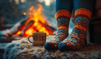 Warm socks, tea by the fireplace. Soft socks keep feet warm as a person relaxes by a crackling fireplace with a steaming cup of tea in a tranquil setting. photo
