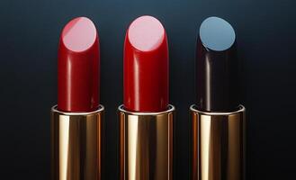 Vibrant lipsticks displayed on a dark background. Three stylish lipsticks in shades of red and black arranged beautifully against a dark backdrop for a striking makeup showcase. photo