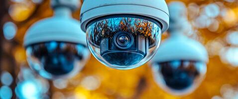 Security cameras observing a park during autumn. Several security cameras capture the vibrant colors of autumn leaves in a peaceful park setting, ensuring safety and surveillance. photo