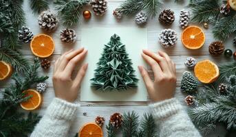 Creating a festive origami Christmas tree display. A person crafts an origami tree surrounded by seasonal decorations, including oranges and pinecones, on a wooden table. photo