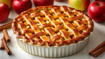 Apple pie with cinnamon and apples. A golden brown apple pie sits on a table surrounded by fresh apples and cinnamon sticks, ready for dessert enjoyment. photo