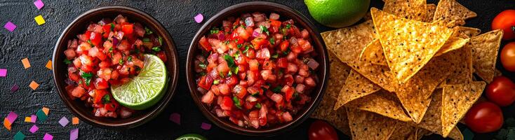 Fresh salsa and tortilla chips on a festive table. Two bowls of colorful salsa are served with crunchy tortilla chips, garnished with lime, perfect for a lively celebration. photo
