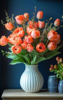 brillante naranja tulipanes en un florero en un de madera mesa. un maravilloso ramo de flores de brillante naranja tulipanes arreglado en un blanco florero se sienta en un de madera mesa en contra un oscuro azul pared. foto