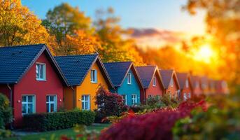 Colorful houses under a vibrant sunset in autumn. Row of bright, colorful houses surrounded by trees, basking in the warm glow of a beautiful autumn sunset. photo