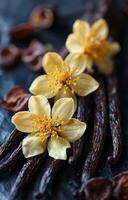 Vanilla pods with delicate flowers. Three soft yellow flowers are arranged with vanilla pods and scattered spices on a dark background, creating an elegant composition. photo