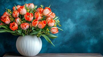 Tulips in a vase on a blue wall. A vibrant arrangement of tulips in shades of red and white rests in a white vase, adding color against a deep blue backdrop. photo