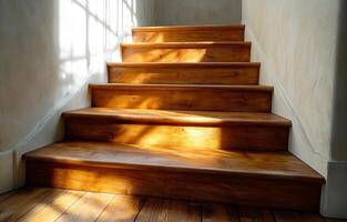 Warm sunlight illuminating wooden stairs in a home. Sunlight filters through a window, casting shadows on polished wooden stairs in a cozy indoor setting. photo