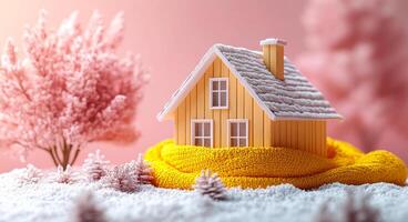 Cozy miniature house wrapped in a warm scarf. A miniature house sits surrounded by soft snow and pink trees, warmly wrapped in a cozy yellow scarf against the winter chill. photo