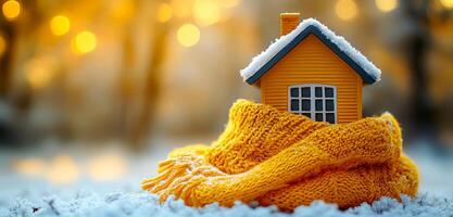 Mini house in a warm scarf outdoors. A small, bright yellow house is snugly wrapped in a knitted scarf, set against a snowy background with soft, warm lighting. photo