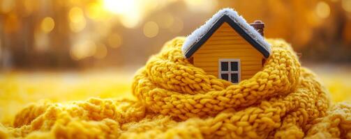 Mini house wrapped in a yellow scarf. A charming miniature house is warmly nestled in a yellow scarf, set against a backdrop of soft autumn colors and falling leaves. photo