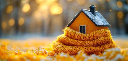 Cozy yellow house wrapped in a warm knit blanket. A quaint yellow house is wrapped in a large knit blanket, nestled in a golden, sunlit outdoor setting. photo