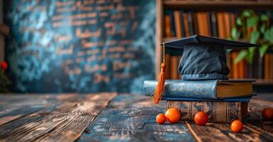A black cap with a gold tassel sits on top of a stack of books. The books are arranged in a neat stack, and there are several oranges scattered around the scene photo