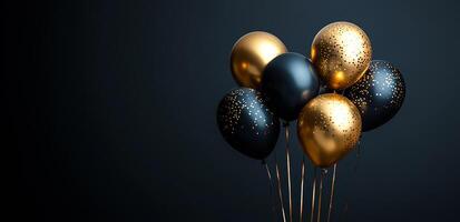 A bunch of gold and black balloons are floating in the air. The balloons are arranged in a way that they look like they are floating in the sky. Concept of celebration and joy photo