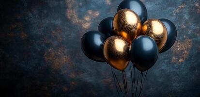 A bunch of black and gold balloons are arranged in a cluster. The balloons are gold and black, and they are arranged in a way that makes them look like they are floating. The image has a festive photo