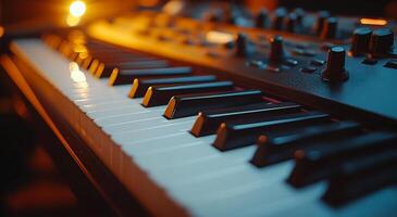 A keyboard and a synthesizer are shown in a close up. The keyboard is white and the synthesizer is black. Scene is one of creativity and musical expression photo