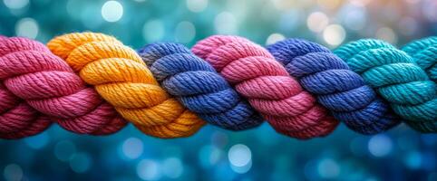 A rope with two different colored strings is tied together. The rope is blue and pink photo