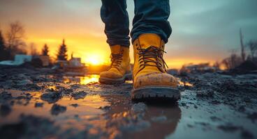 A person wearing yellow boots is walking on a muddy path. The boots are dirty and the person's feet are wet. The scene is set during sunset, creating a warm and peaceful atmosphere photo
