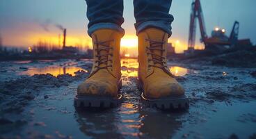 A pair of yellow boots are standing in a muddy puddle. The boots are dirty and the puddle is murky. The scene is set against a backdrop of a sunset, creating a moody and somewhat ominous atmosphere photo
