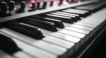 A black and white keyboard with a red and white button on the top left. The keyboard is a synthesizer photo