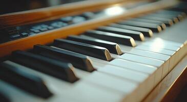 A close up of a piano with the black keys showing. The piano is a wooden instrument with a black and white color scheme. Concept of elegance and sophistication, as the piano is a classic photo