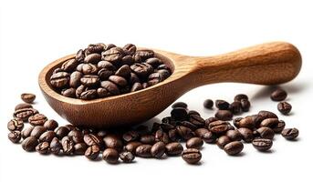 A spoonful of coffee beans is spread out on a white background. Concept of warmth and comfort, as coffee is often associated with relaxation and socializing photo
