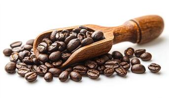 A wooden spoon is filled with coffee beans. The beans are spread out on a white surface. Concept of warmth and comfort, as coffee is often associated with relaxation and socializing photo
