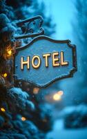 A sign for a hotel is covered in snow. The sign is lit up, giving it a warm and inviting appearance. The snow on the sign adds a sense of coziness and charm to the image photo