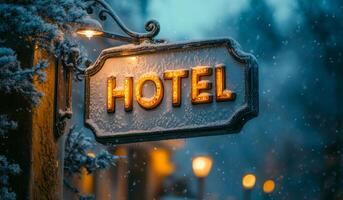 A sign for a hotel is lit up in the snow. The sign is white and orange, and it is illuminated by street lights. Concept of warmth and comfort photo